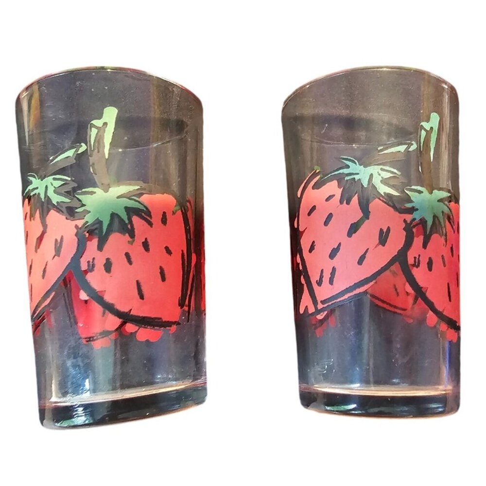 Strawberry Print Clear Drinking Glasses Set of 2 Vtg Unmarked Red Green Cartoon